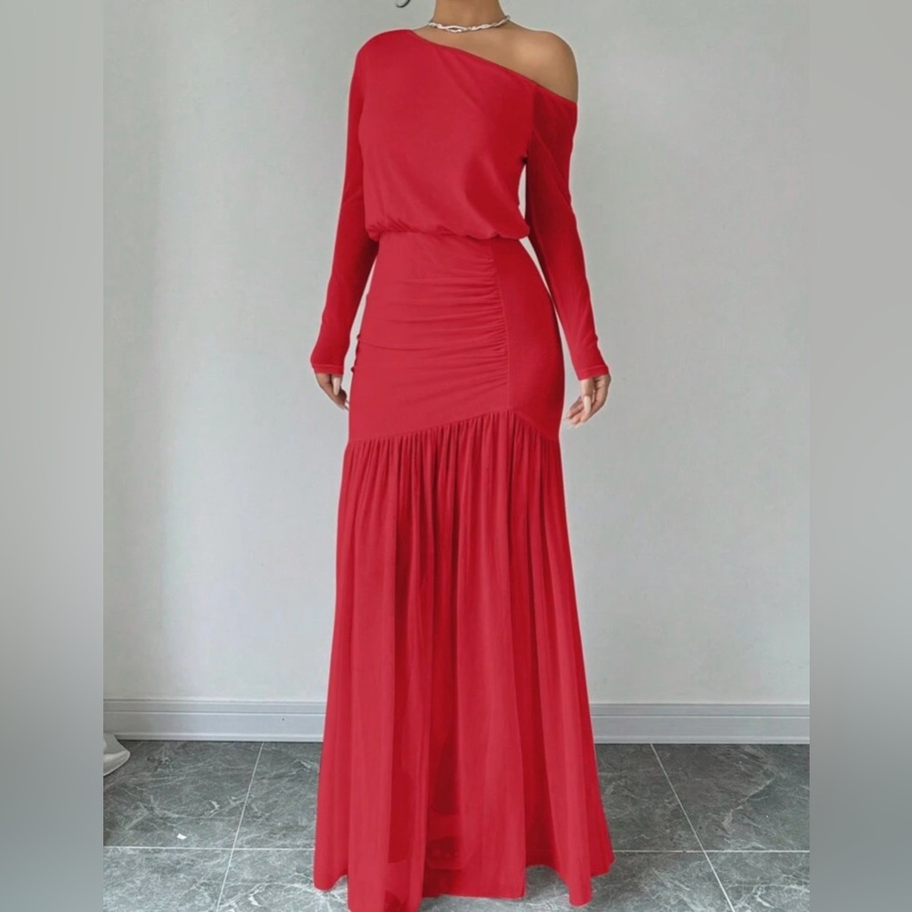 Women's Elegant Solid Asymmetric Neck Pleated Lon… - image 4